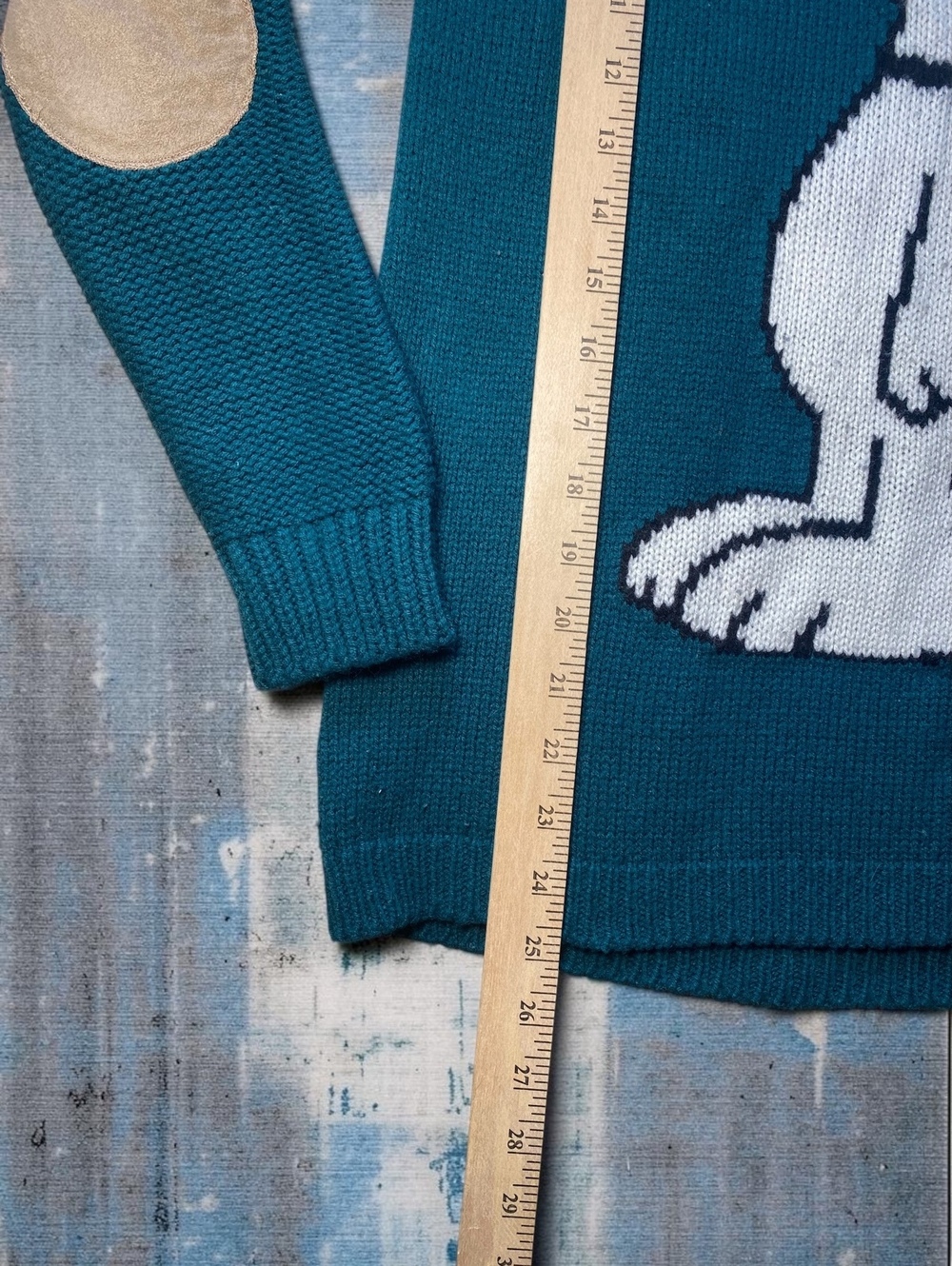 Peanuts Women Sweater S Pullover Regular Teal Knit Acrylic Snoopy Elbow Patches - Picture 4 of 6